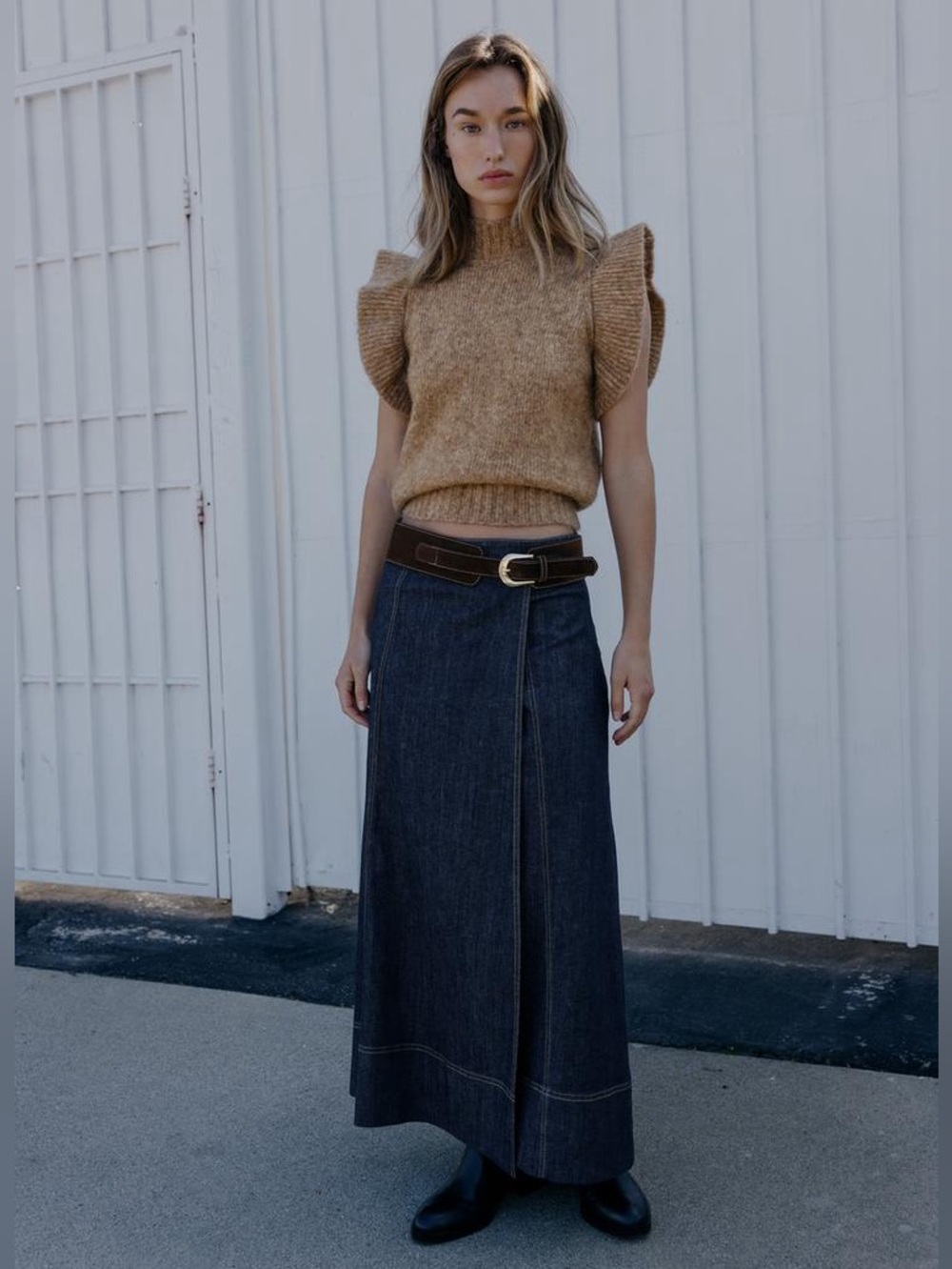 Zara Wool Ruffle Sweater Vest Camel Taupe M